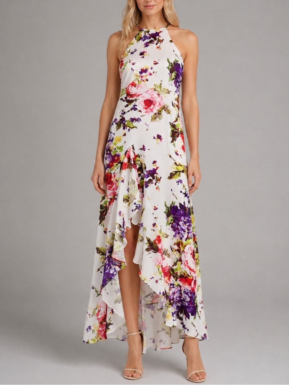 Jay Godfrey Floral High Low Halter Dress White Pink Purple Size 6 25864